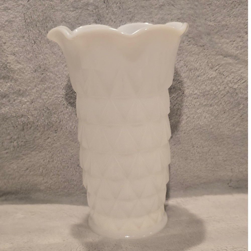 Vintage Hazel Atlas Milk Glass Vase 5.75" Diamond Quilt Pattern